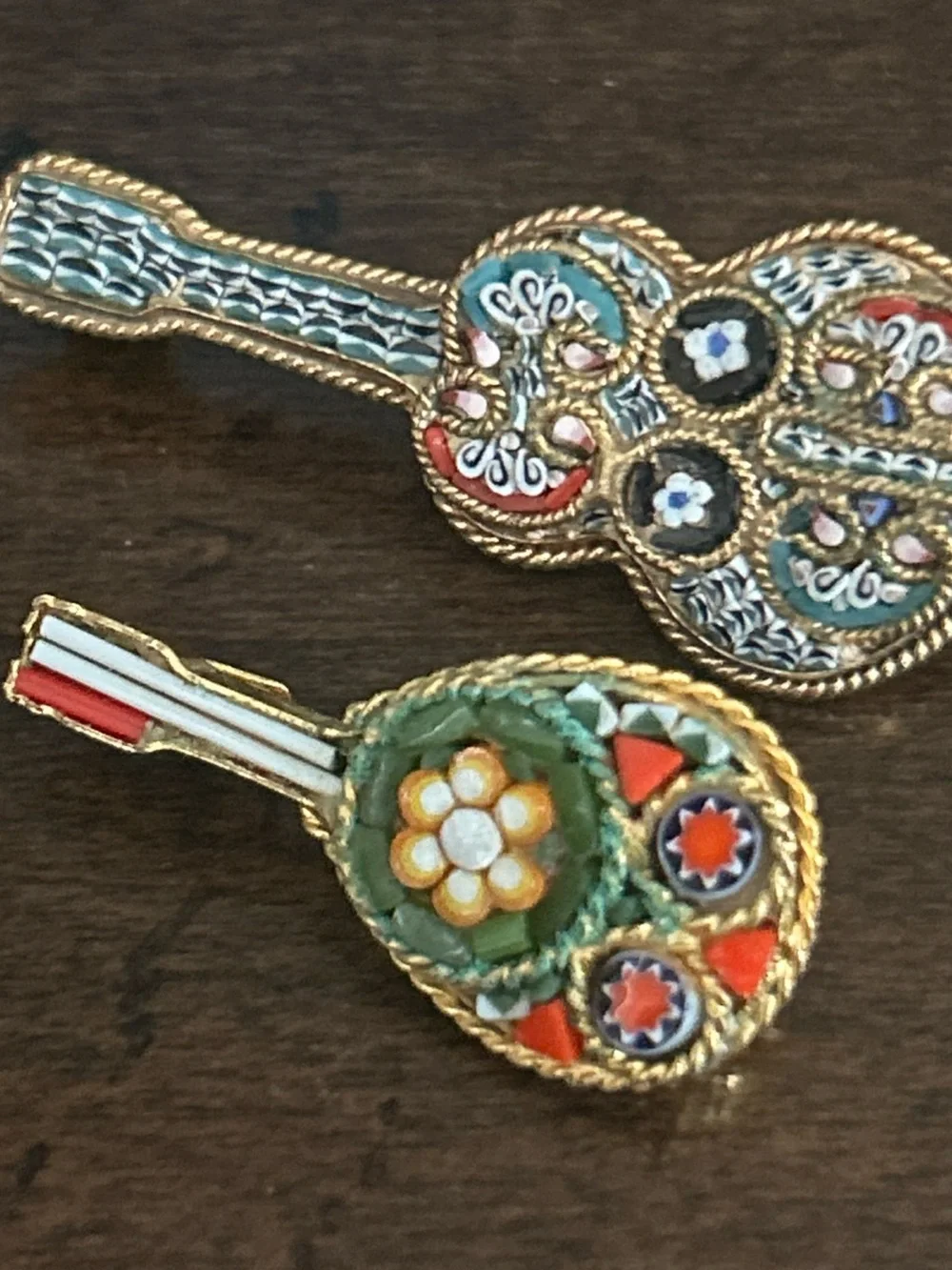 VTG Italian Micro Mosaic Guitar Mandolin Brooch Set Gold Tone Millefiori Pins
